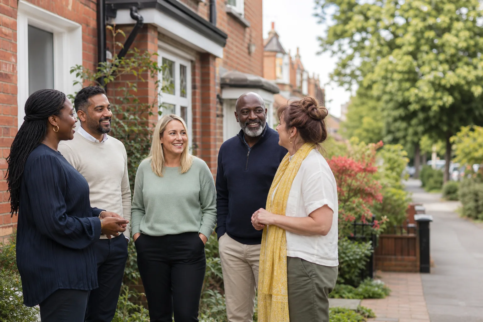 A diverse team of residential care professionals outside a welcoming home